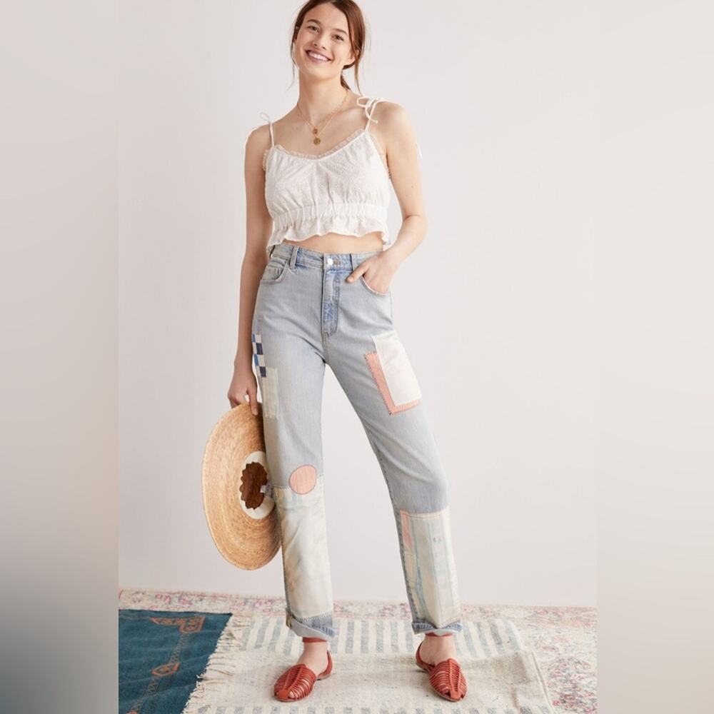 Pilcro The Borrowed Boyfriend Jeans Patchwork Straight Leg High Rise Cotton 28